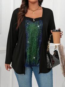 SHEIN Clasi Plus Size Women's Glitter Patchwork 2 In 1 T-Shirt - Multicolor - View 6