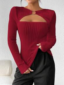 Firerie 女款純色羅紋針織鏤空t卹 - 酒紅色 - 查看 6