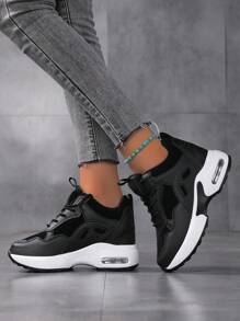 Women Colorblock Lace-Up Front Wedge Sneakers, Sporty Outdoor Wedge Sneakers - Black - View 3