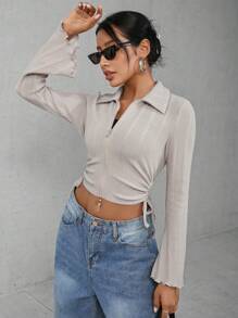 INAWLY Zipper Front Drawstring Shortened T-Shirt With Side Cutout - Khaki - View 4