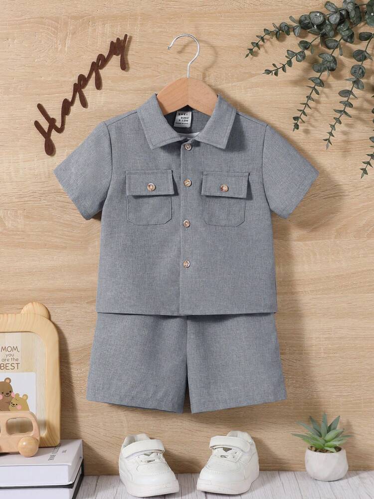 Baby Boys' Plain Color Shirt And Shorts Casual 2pcs Outfit