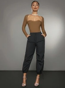 SHEIN BAE Long Sleeve Slim Fit Bodysuit - Brown - View 3