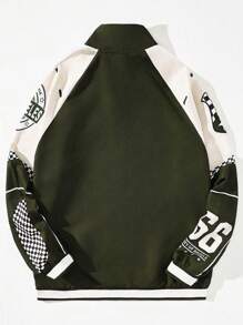 ROMWE MEN Street Life Men's Letter Printed Color-Blocked Stand Collar Jacket - Army Green - View 2