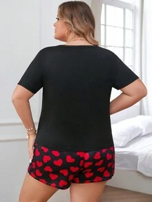 Kích thước lớn Của phụ nữ In Trái tim Ngắn tay Bộ mặc nhà Với giày - màu đen - Xem 2