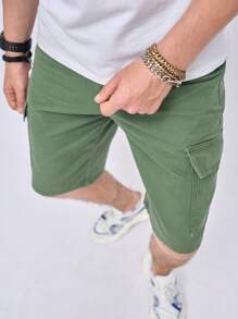 Manfinity Homme Men's Solid Color Cargo Denim Shorts - Army Green - View 3