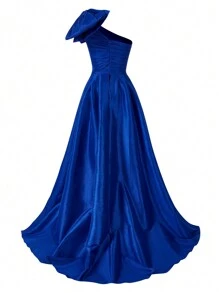 SHEIN Belle Exaggerated Bowknot Decorated One Shoulder Evening Party Dress - Blue - View 5