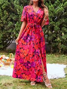 SHEIN VCAY 花卉印花側開衩繫腰帶女式度假連身裙 - 彩色 - 查看 3