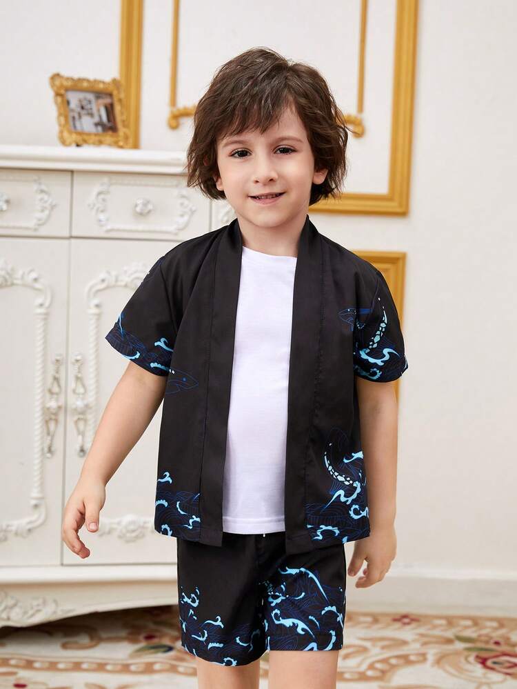 Young Boys Shark Printed Short Sleeve Shirt And Shorts Set