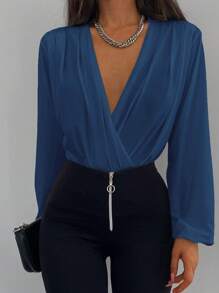 EURMUSE Solid Plunging Neck Lantern Sleeve Blouse - Dusty Blue - View 3