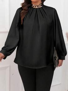 Celure Camisa De Manga Larga De Diseño Con Pliegues Para Mujer De Talla Grande - Negro - Ver 4