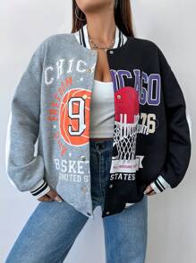 SHEIN Unity Women's Personalized Letter & Color Block Basketball Style Baseball Jacket For Streetwear - Multicolor - View 5