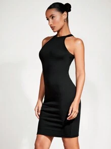 SHEIN BASICS Halter Neck Váy bodycon - màu đen - Xem 5