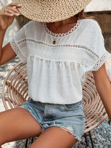 Breezaya 帶蕾絲邊綾織上衣 - 白色 - 查看 4