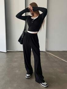 DAZY 2pcs/Set Color Block Tight-Fitting T-Shirt And Loose Long Pants Set - Black and White - View 3