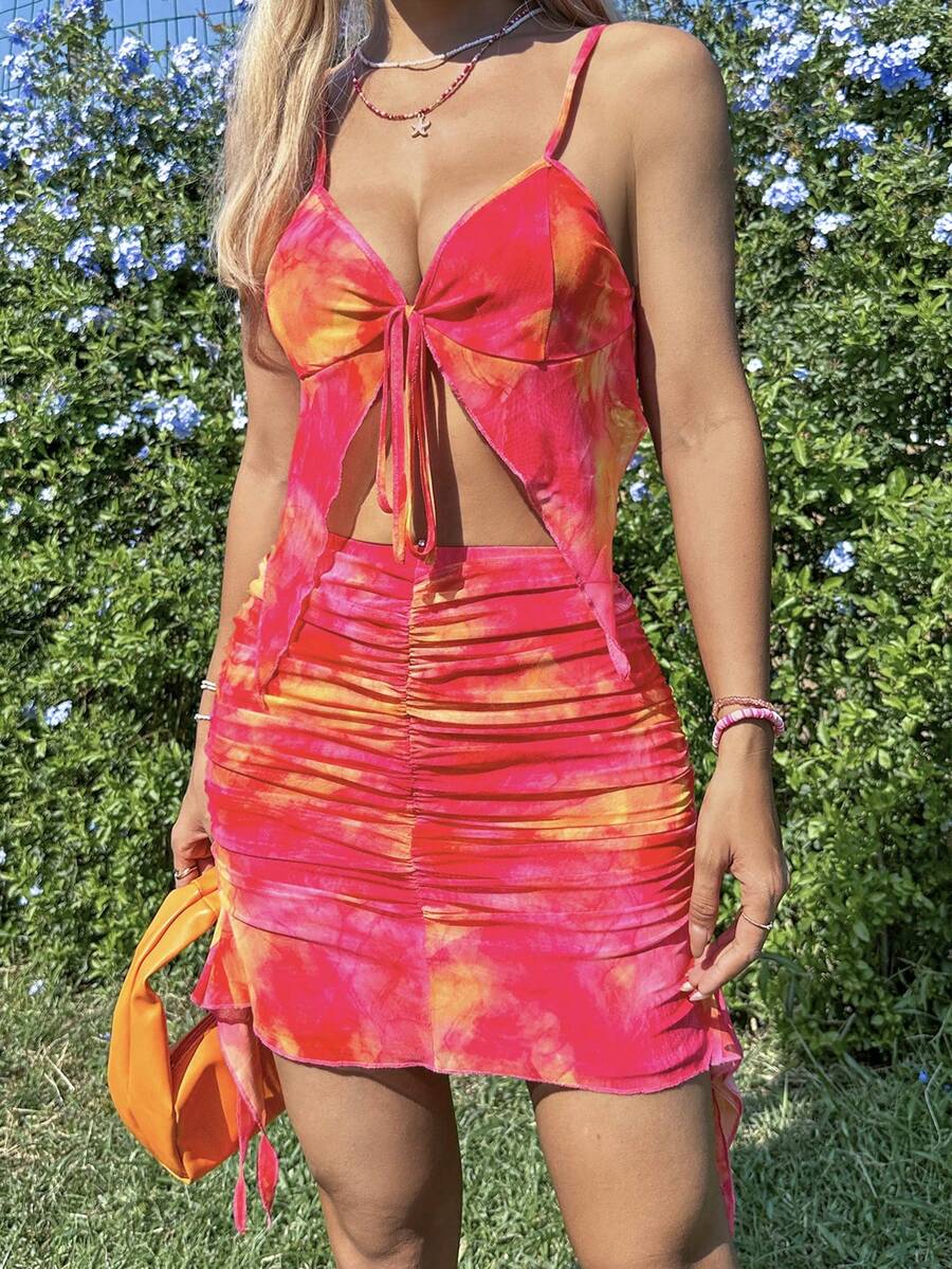 Soleia 女士紮染印花背心背心和褶皺裙子套裝 - 玫紅色 - 查看 1