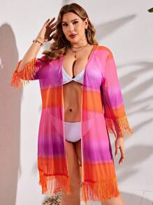 Swim Vcay Plus Size Women's Gradient Fringe Sleeve Kimono Cardigan Carnival - Multicolor - View 5