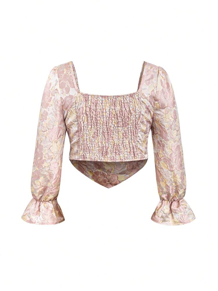 Plus Size Jacquard Top With Wide Bell Sleeves And Asymmetric Hem Fall Cloth For Women