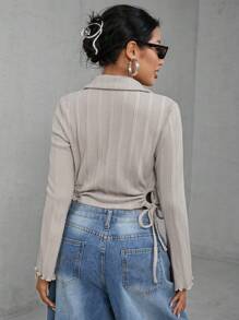 INAWLY Zipper Front Drawstring Shortened T-Shirt With Side Cutout - Khaki - View 2