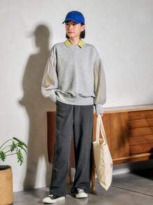 FRIFUL Của phụ nữ Khối màu Vòng cổ Áo nỉ - Xám - Xem 3