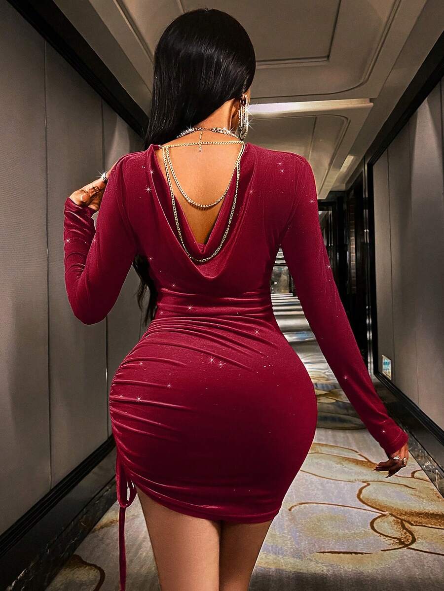 VaVaBold 夏季女士日常穿着长袖紧身连衣裙 - 酒紅色 - 查看 1