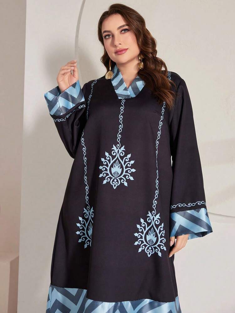 Plus Size Geometric Pattern Fashion Arabian Dress For Women Kaftan Jalabiya Dress