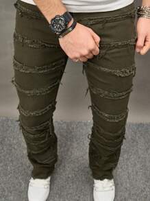 Manfinity 男式拼接保暖牛仔裤 - 軍綠色 - 查看 7