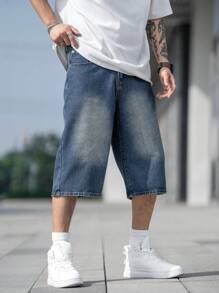 Manfinity EZcore Loose Fitting Men's Bleach Washed Denim Shorts With Slant Pockets Baggy Long Plain Navy Blue Going Out Japanese Style