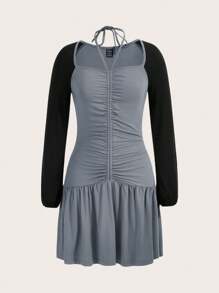 SHEINNeu Vestido Halter Con Manga Larga Tipo Raglán, Bloques De Color, Dobladillo Con Volantes Y Cuello Halter - Multicolor - Ver 1