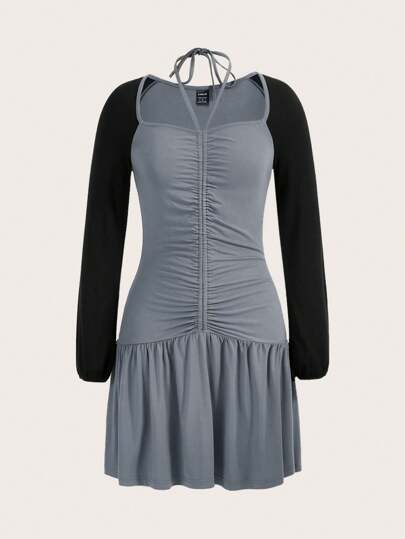 SHEINNeu Color Block Raglan Sleeve Long Sleeve Ruffle Hem Halter Neck Dress