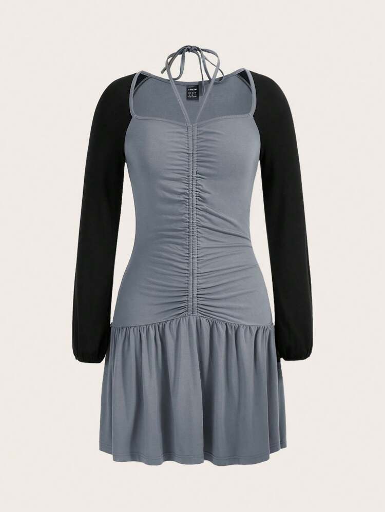 Color Block Raglan Sleeve Long Sleeve Ruffle Hem Halter Neck Dress