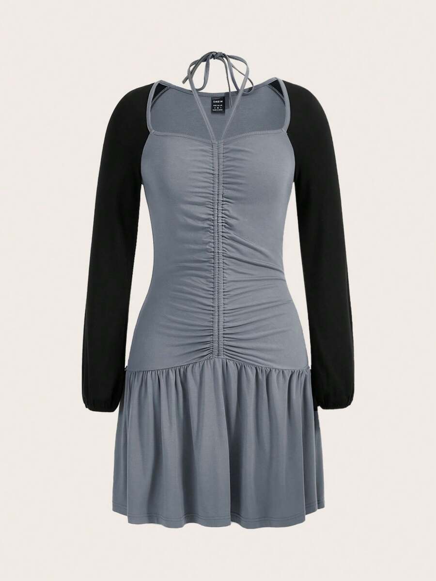 SHEINNeu Vestido Halter Con Manga Larga Tipo Raglán, Bloques De Color, Dobladillo Con Volantes Y Cuello Halter - Multicolor - Ver 1