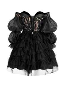 SHEIN Belle Women's Off Shoulder Sequin Patchwork Multi-Layer Mesh Ruffled Cocktail Dress For Party - Black - View 10