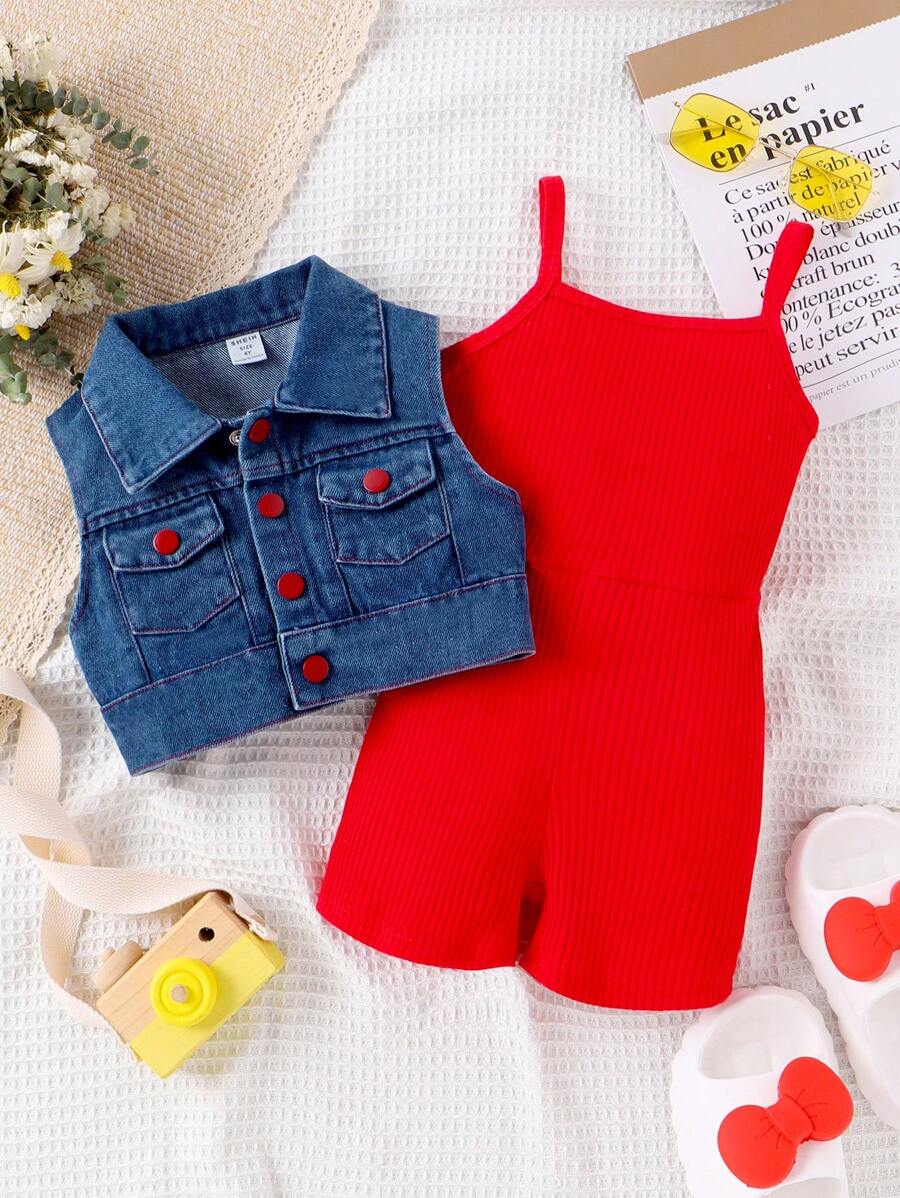 SHEIN Young Girl Denim Vest Jacket With Single Breasted Closure And Overall Shorts Set - Red - View 1