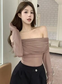 DAZY Women'S Off Shoulder Mesh Long Sleeve Top - Brown - View 1