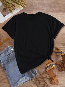 Women's Casual Gold Moon & Star Pattern Printed Short Sleeve T-Shirt - Black - View 2