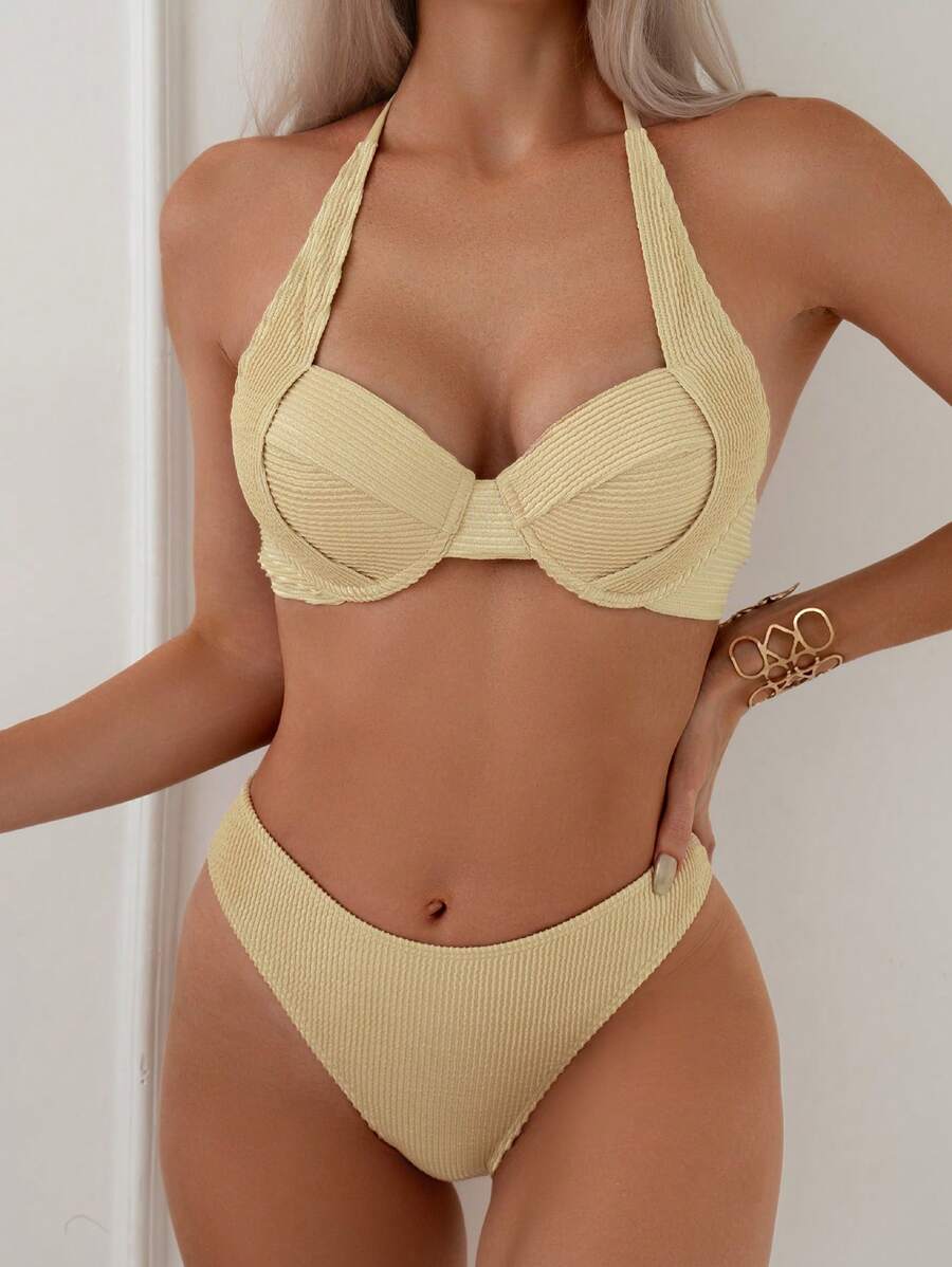 SHEIN Swim Wire Free Cross Back Bikini Set With Built-In Bra Summer Beach - Apricot - View 1