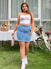 SHEIN Qutie Plus Size Women's Letter Print Contrast Trim Tube Knit Top - Multicolor - View 3