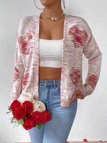 SHEIN Essnce Cardigan With Heart Pattern And Drop Shoulder Design - Multicolor - View 3