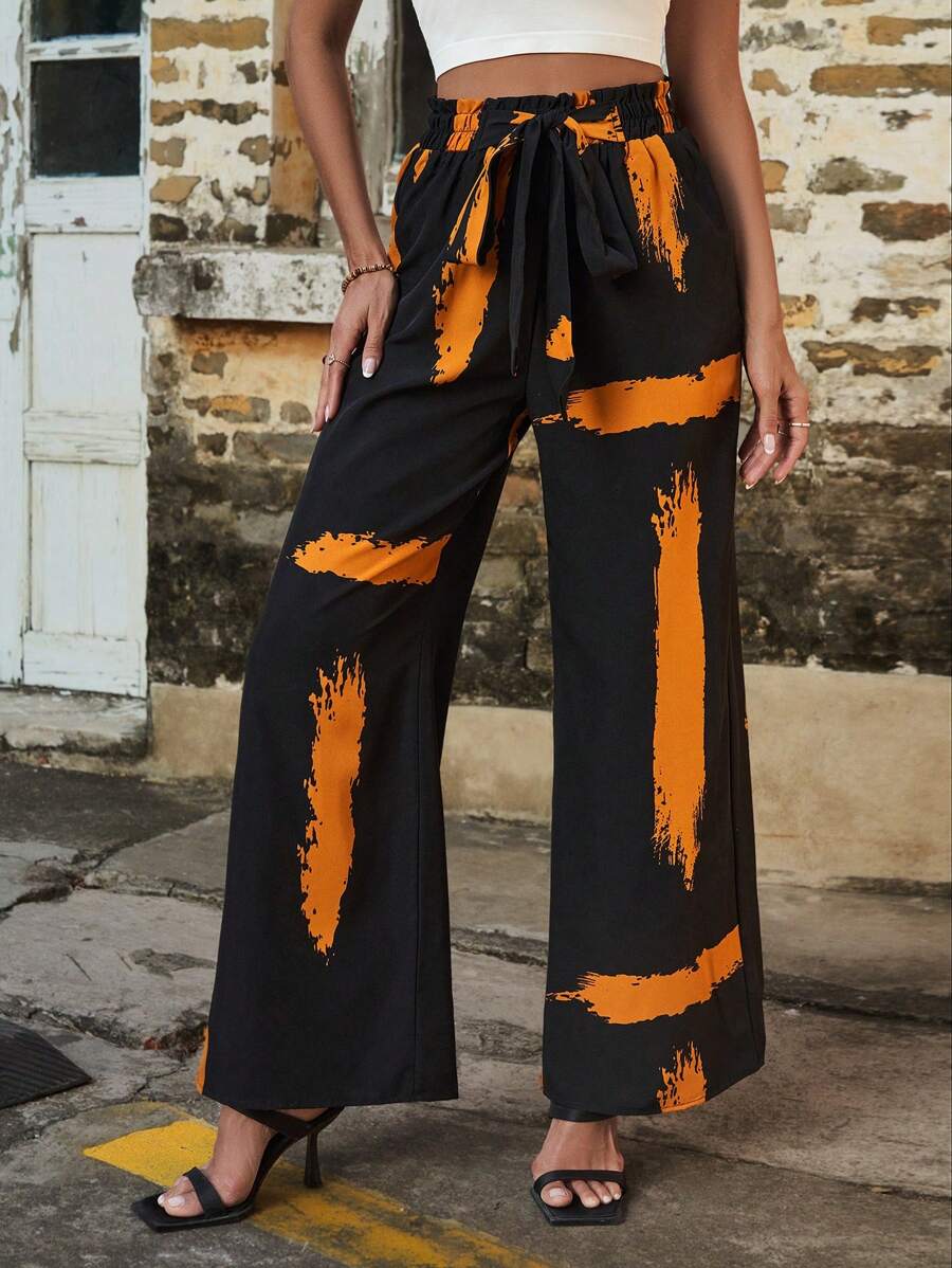 SHEIN LUNE 隨機印花繫帶腰褲 - 黑色 - 查看 1