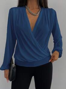 EURMUSE Solid Plunging Neck Lantern Sleeve Blouse - Dusty Blue - View 5