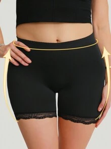 Plus Size Solid Color Lace Trimmed Body Shaper Shorts - Black - View 3
