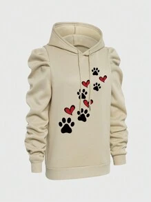 SHEIN LUNE Women's Pullover Hoodie With Claw Print And Heart Pattern - Beige - View 3