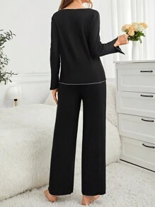 Color Block Rolled Edge Long Sleeve Top & Pants Home Wear Set Outfit, Fall Clothes  Cozy And Elegant Details