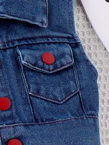 SHEIN Young Girl Denim Vest Jacket With Single Breasted Closure And Overall Shorts Set - Red - View 5