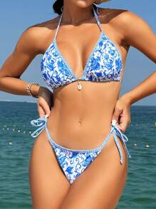 Swim Vcay Summer Beach Flower Print Two-Piece Bikini Set Carnival - Blue and White - View 5