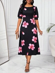 SHEIN Lady Floral Printed Puff Short Sleeve Dress - Multicolor - View 1