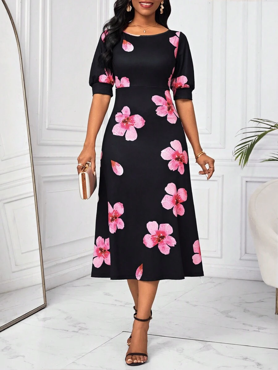 SHEIN Lady Floral Printed Puff Short Sleeve Dress - Multicolor - View 1