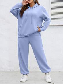 SHEIN Essnce Plus Áo hoodie dây rút trễ vai & quần thể thao - Màu xanh nhạt - Xem 6