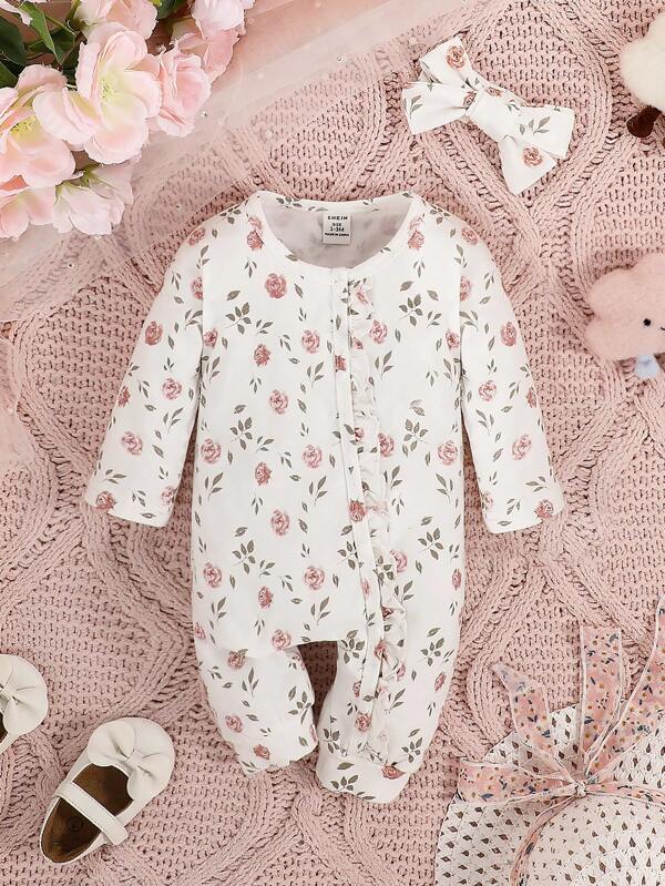 SHEIN 2023 New Baby Girls' Floral Print Long Sleeve Jumpsuit With Headband