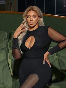 SHEIN SXY Plus Size Mesh Long Sleeve Slim Fit T-Shirt With Hollow Out Front - Black - View 1